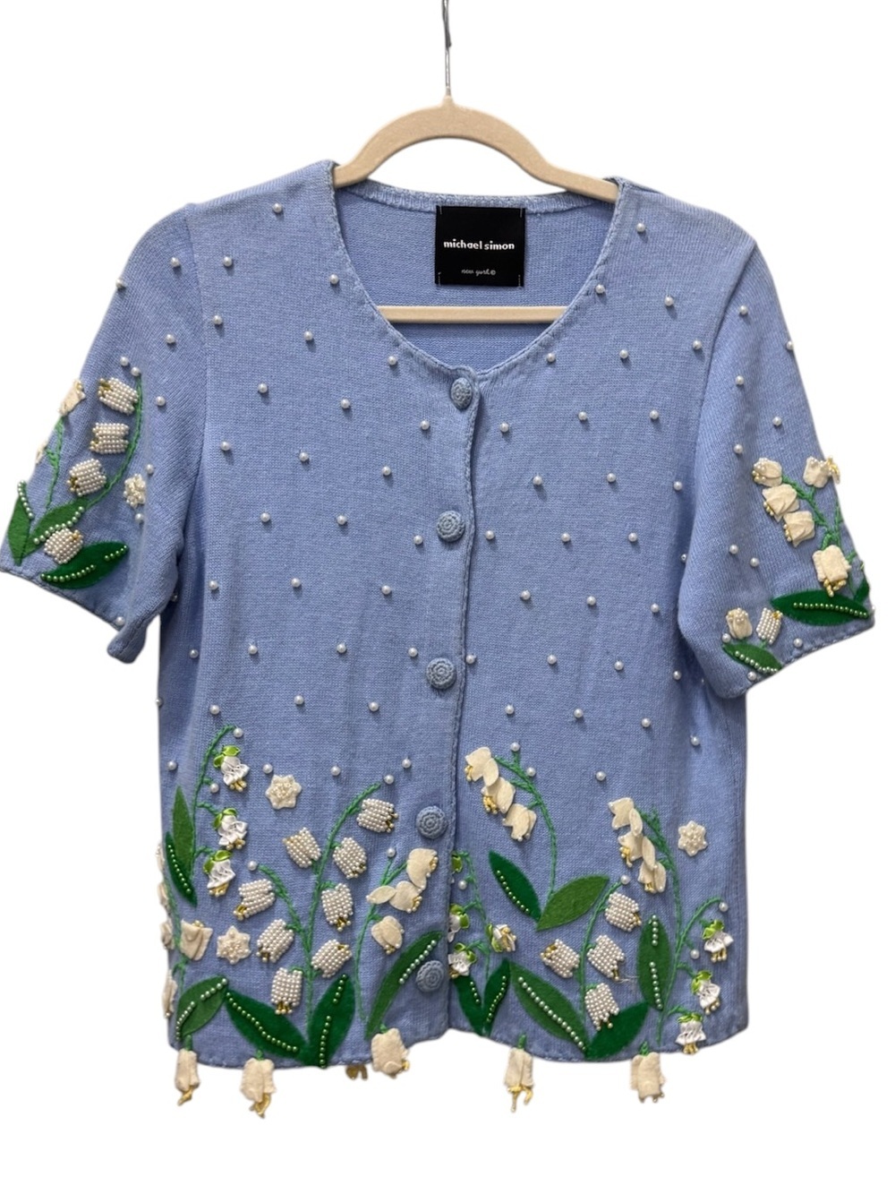 Michael Simon New York blue handmade Sample Beaded Floral Cardigan Sweater Sz P